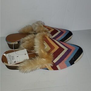 Universal Thread Bibiana Faux Fur Mules, colorful , boho, slip ons.